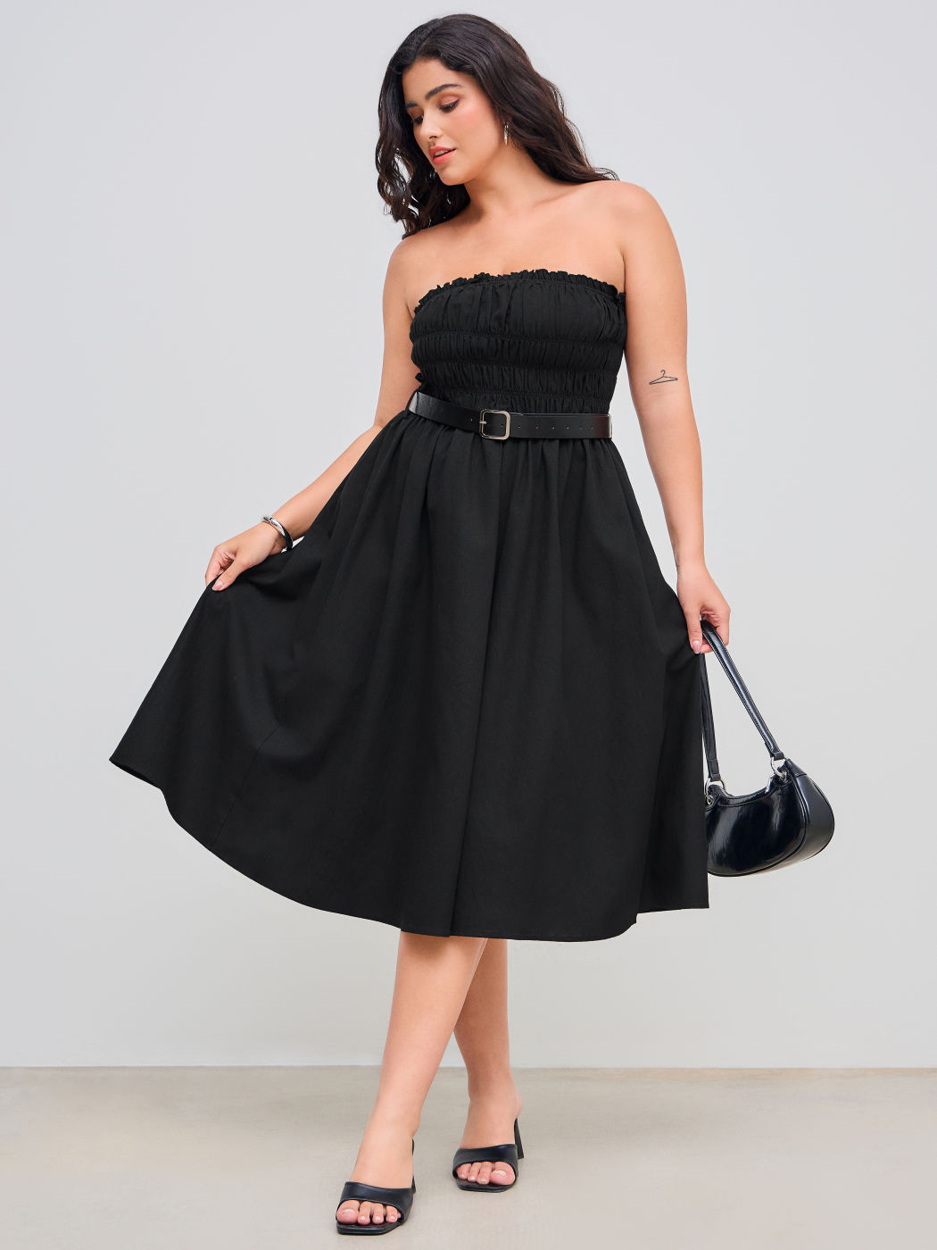 Solid Lettuce Trim Ruffle Tube Midi Dress With Belt Curve & Plus