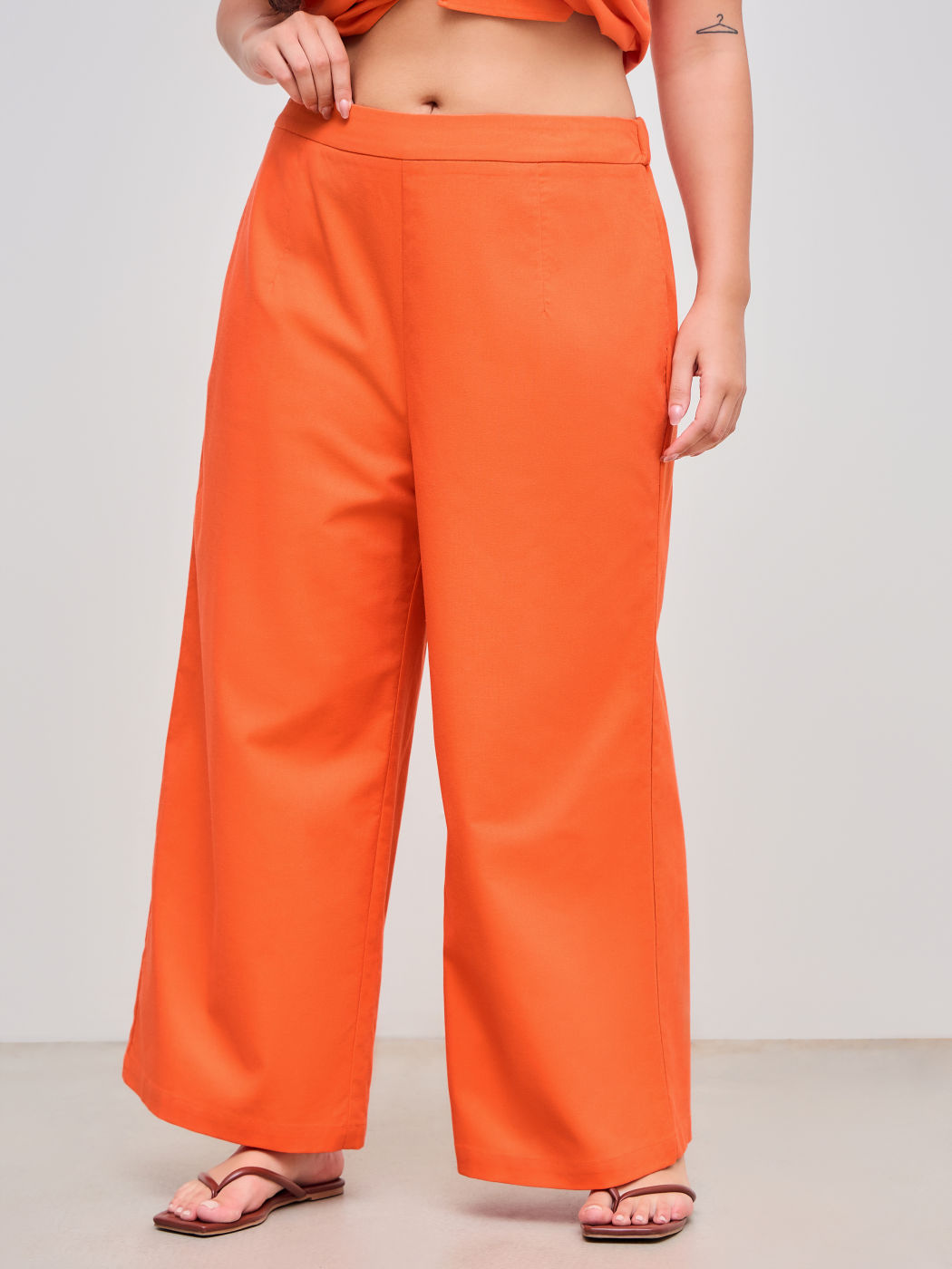 Leinen-Baumwolle Mid Rise Einfarbig Taschen Weite Hosen Kurve & Plus