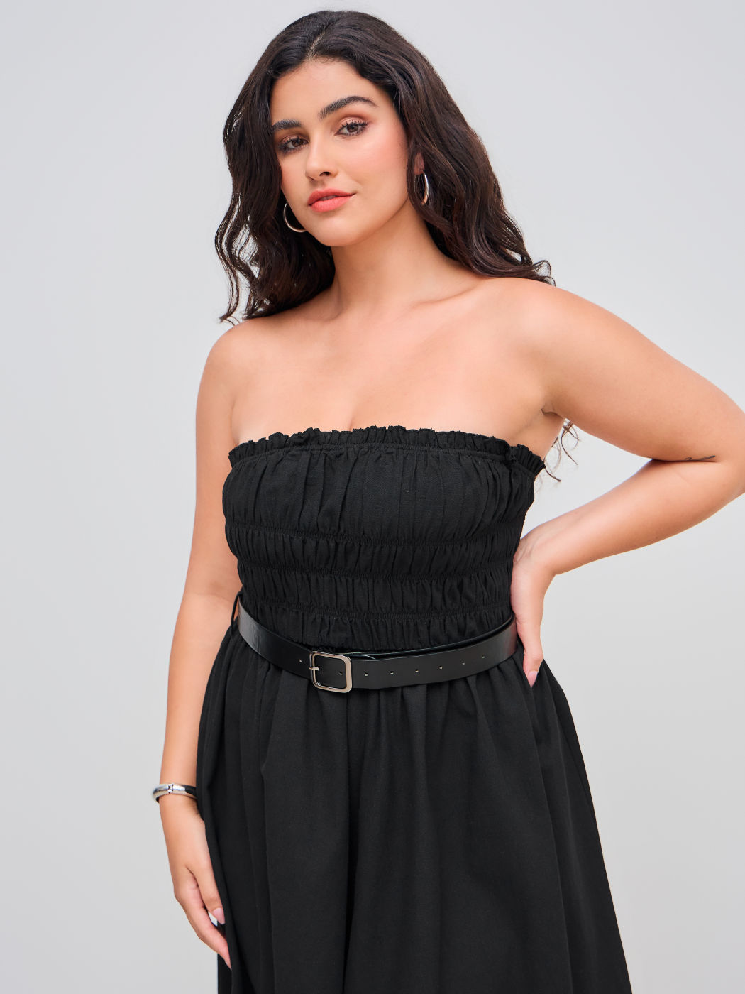Solid Lettuce Trim Ruffle Tube Midi Dress With Belt Curve & Plus