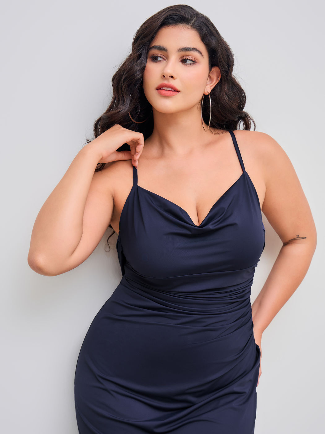 Cowl Neck Solid Ruched Backless Maxi Dress Curve & Plus