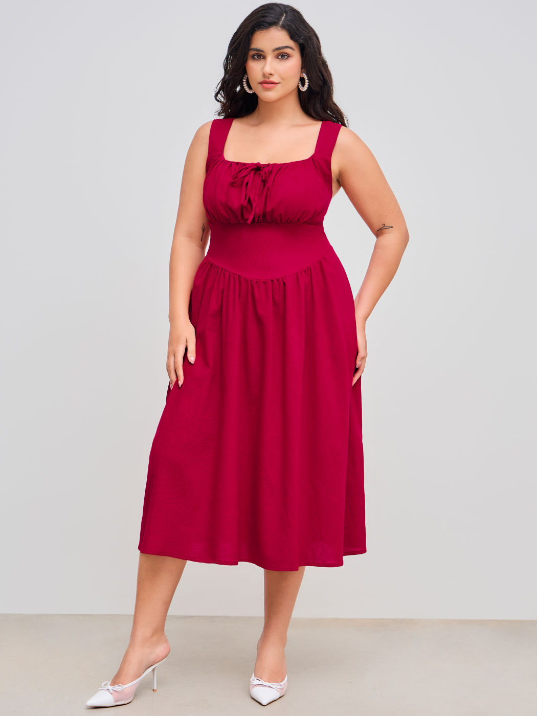 Linen-blend Square Neck Knotted Corset Pocket Ruffle Maxi Dress Curve & Plus