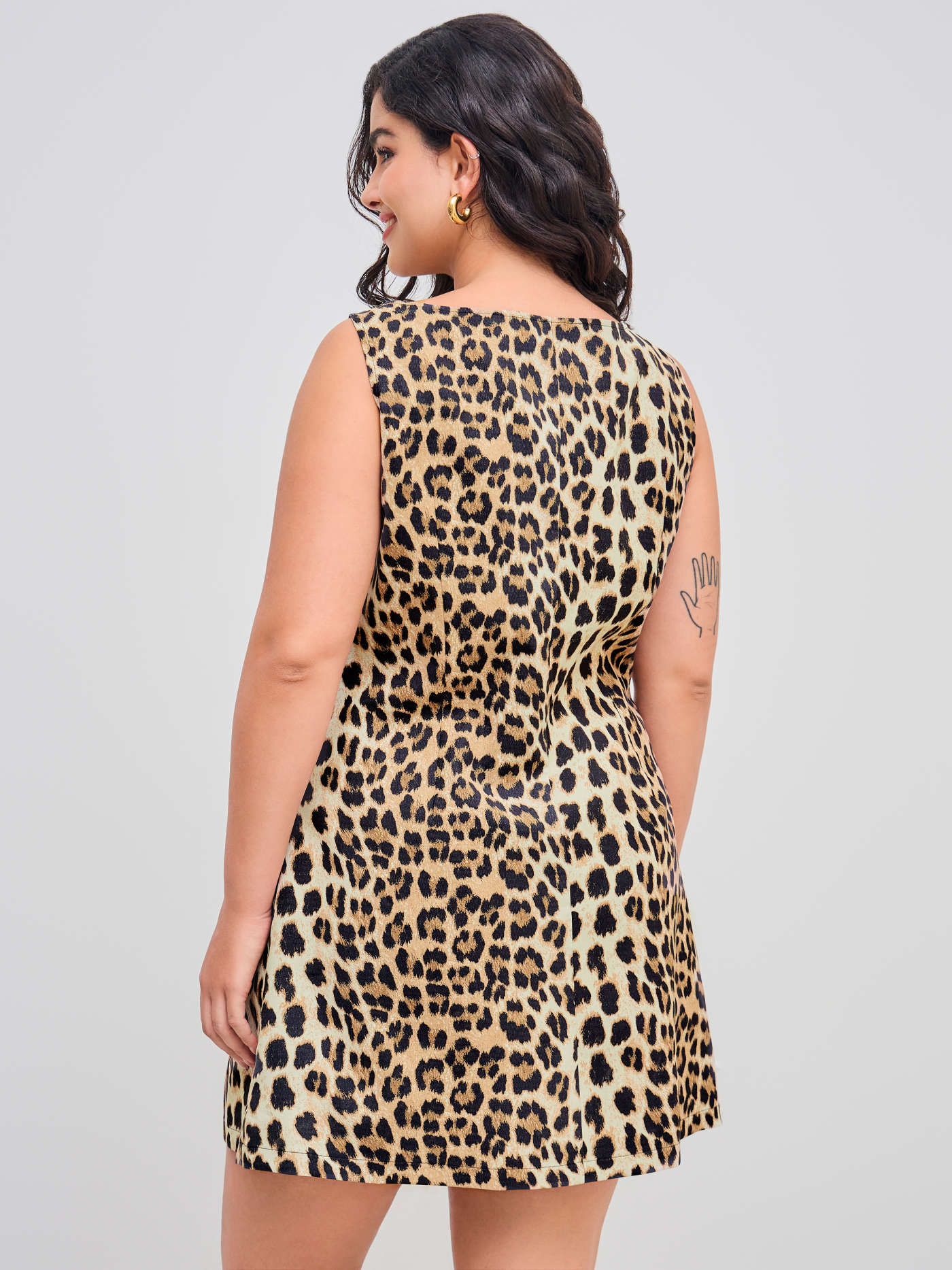 Woven Boat Neckline Leopard Print Mini Dress Curve & Plus