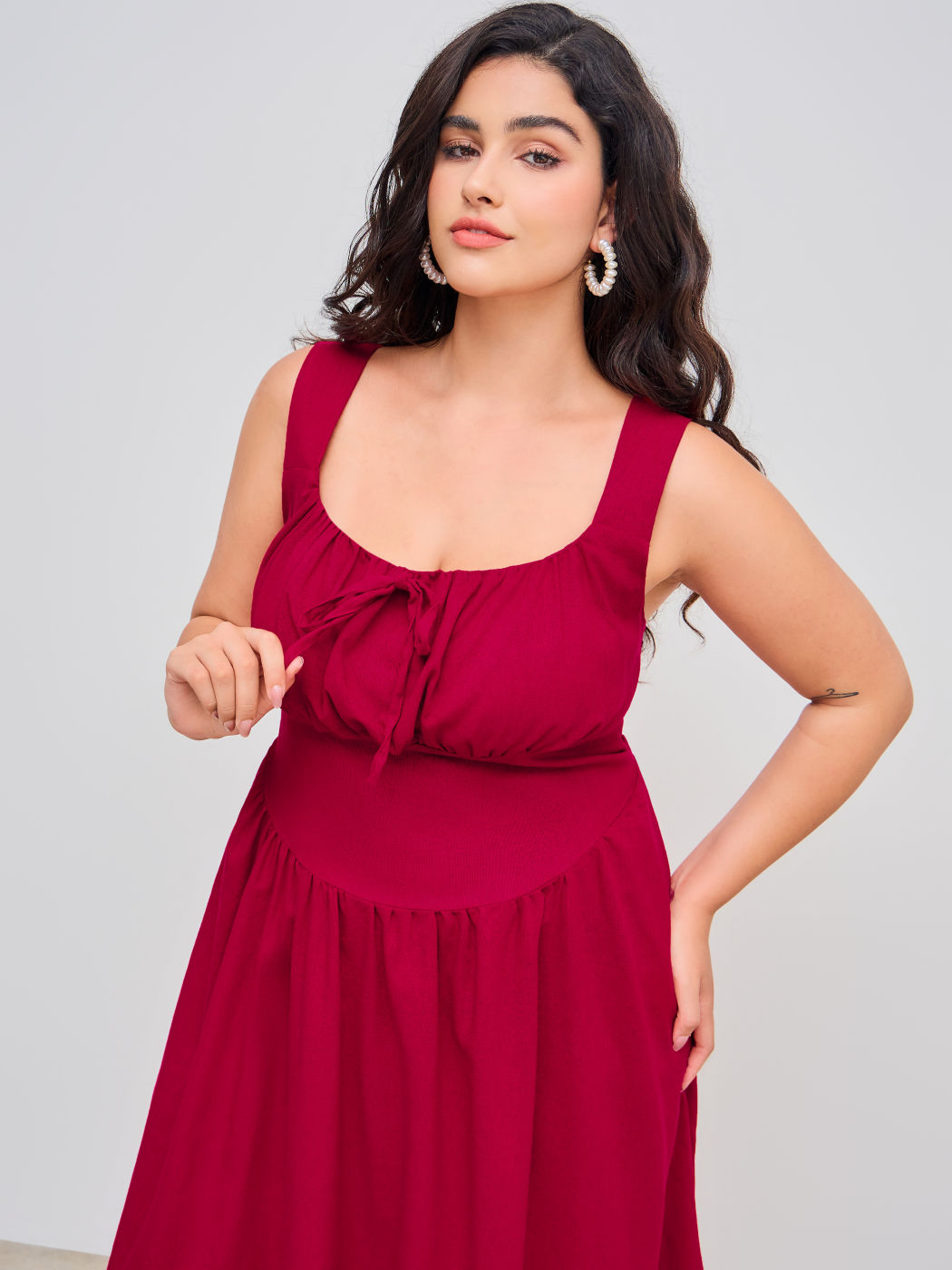 Linen-blend Square Neck Knotted Corset Pocket Ruffle Maxi Dress Curve & Plus