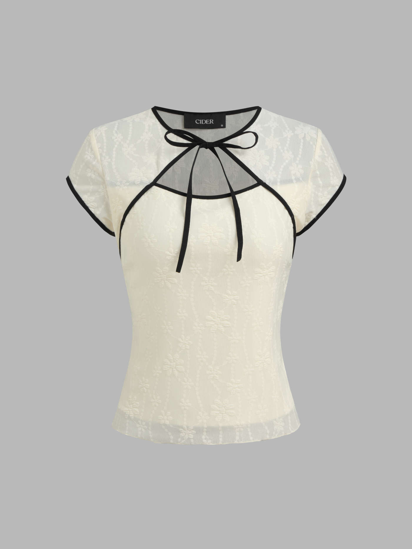 Round Neckline Floral Contrasting Binding Cut Out Knotted Short Sleeve Top