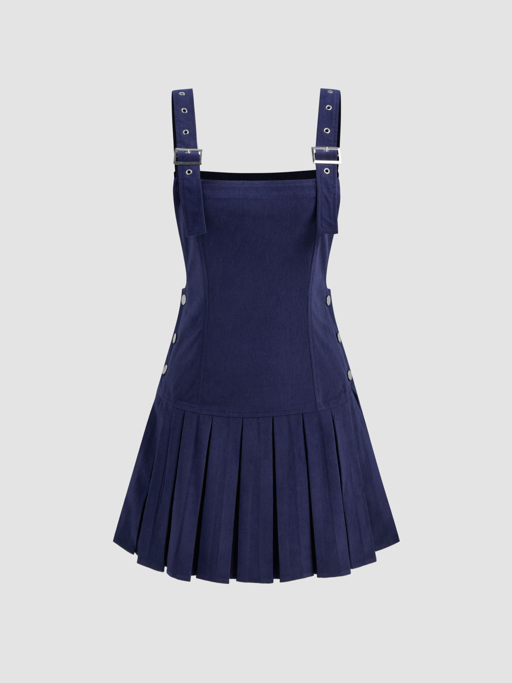 Corduroy Square Neck Solid Buckle Up Pleated Mini Dress