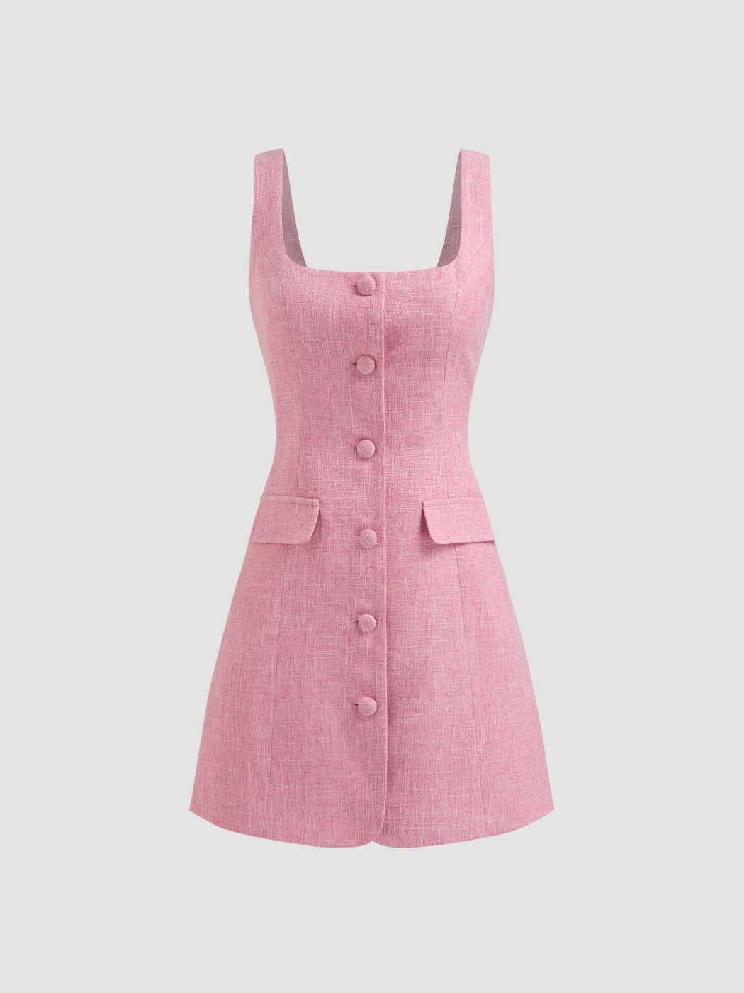 Valentine Woven Tweed Square Neck Solid Button Pocket Mini Dress For Date  Holiday