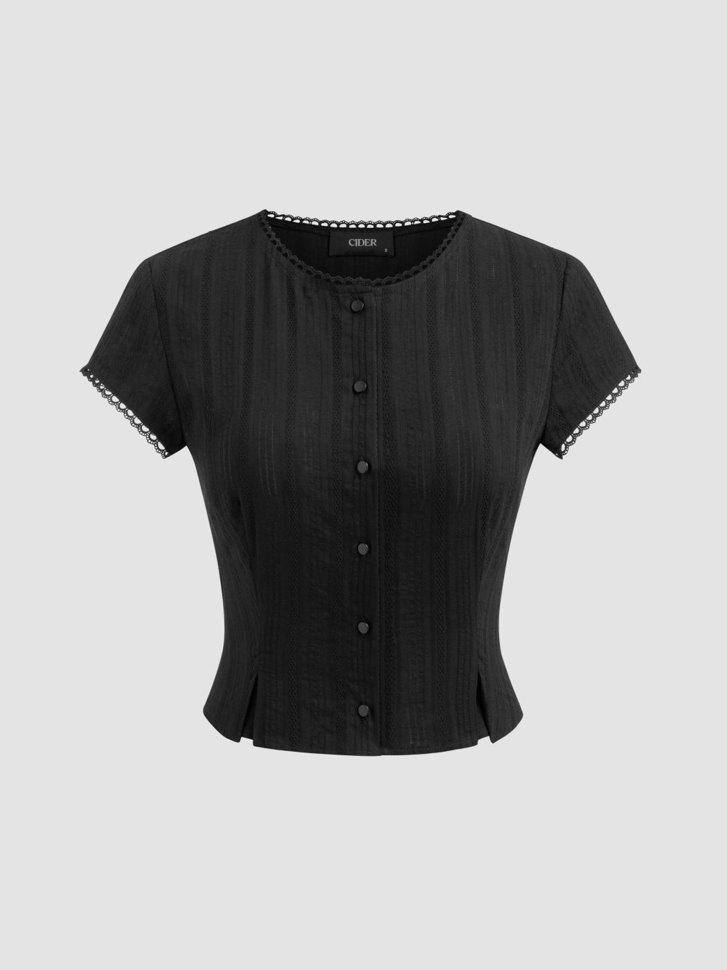 100% Cotton Round Neckline Solid Button Lace Trim Short Sleeve Top