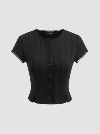 100% Cotton Round Neckline Solid Button Lace Trim Short Sleeve Top