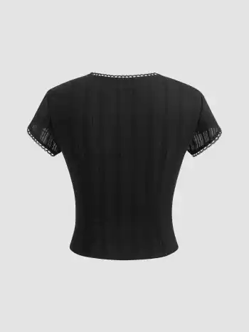 100% Cotton Round Neckline Solid Button Lace Trim Short Sleeve Top