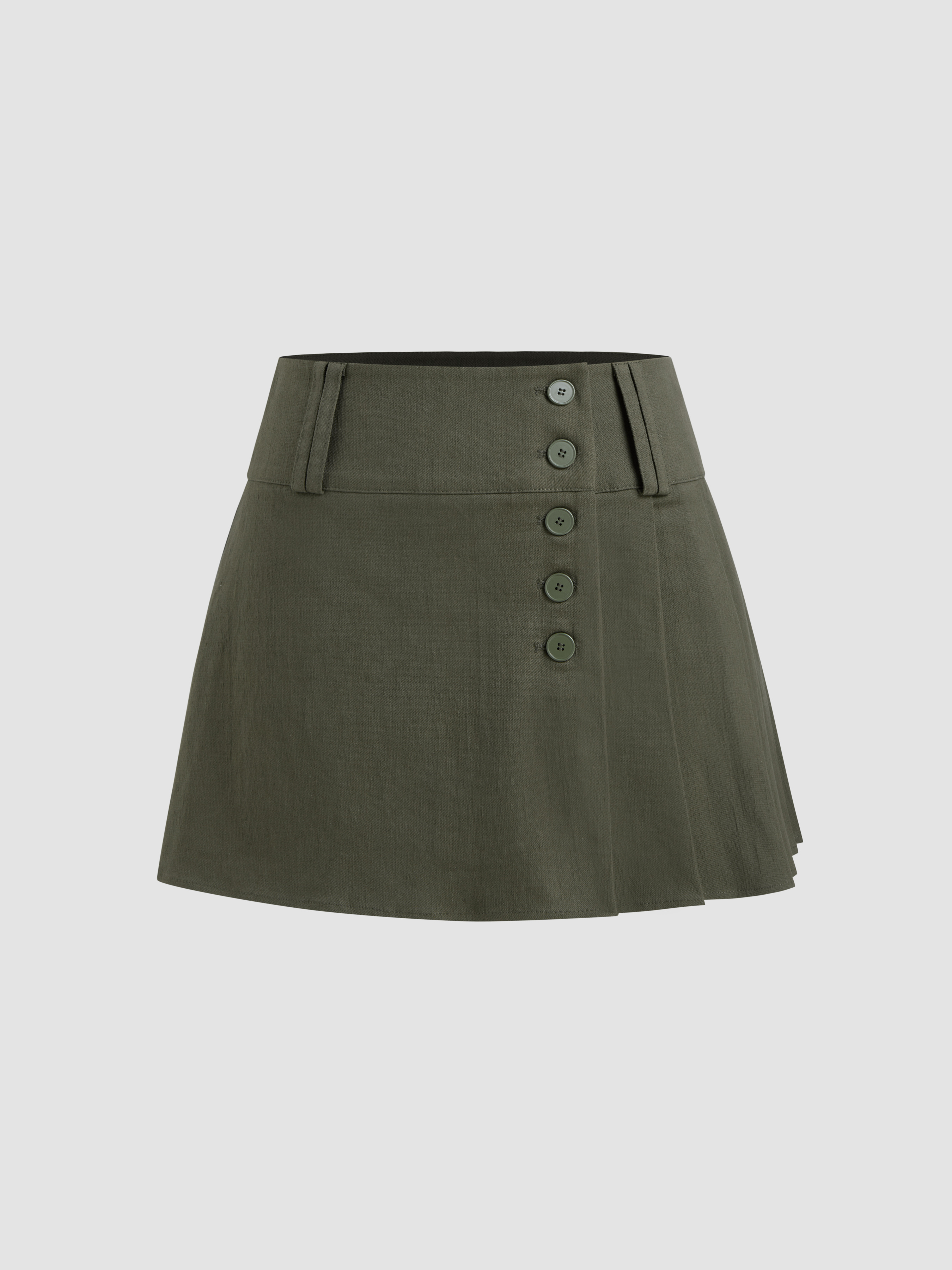 Cotton-blend Solid Pleated Button Mini Skirt