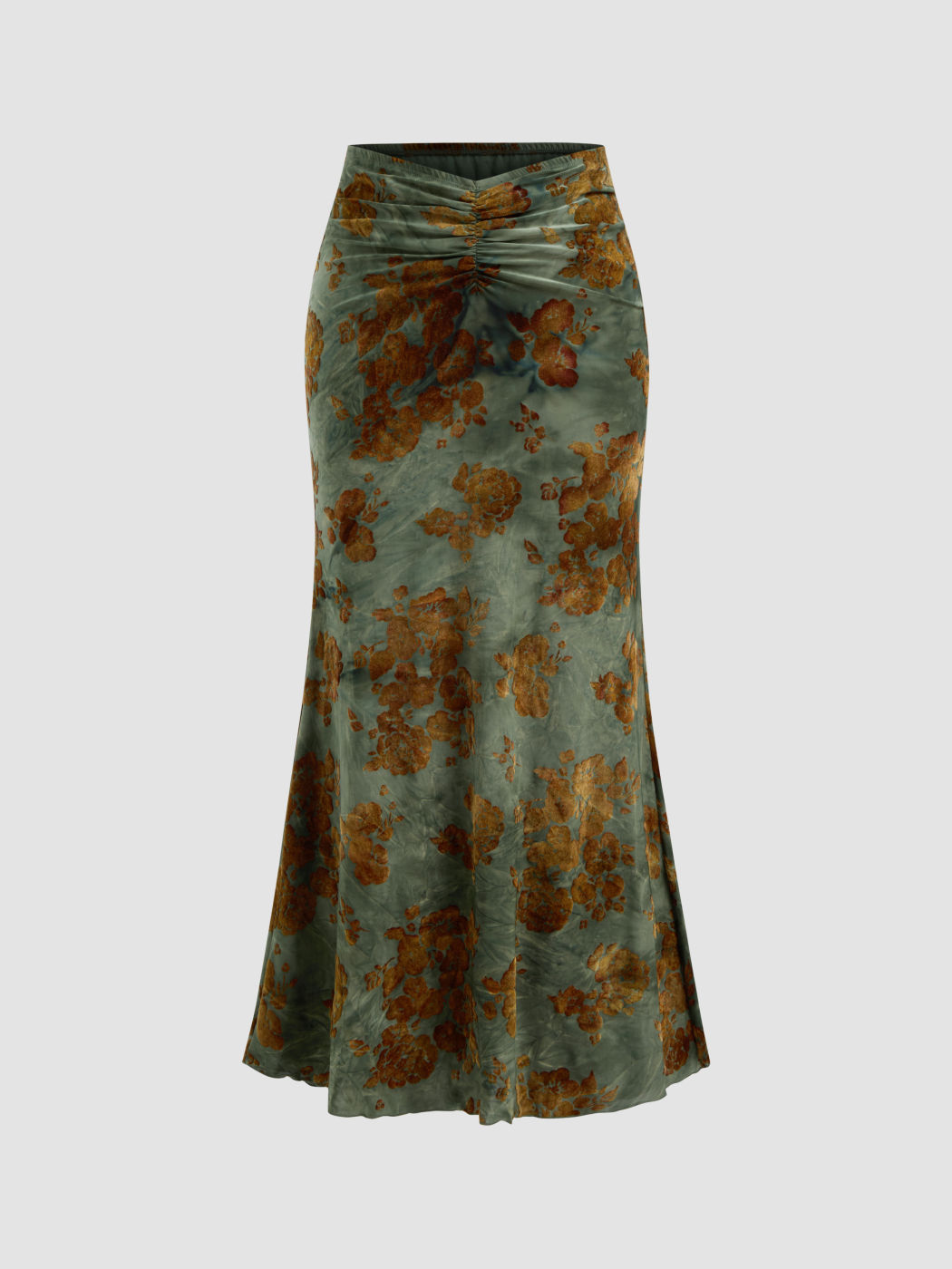 Mid Rise Floral Ruched Maxi Mermaid Skirt