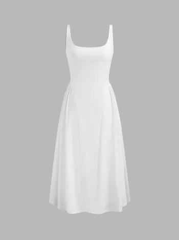 Woven Square Neck Solid Midi Dress