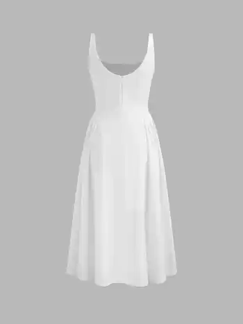 Woven Square Neck Solid Midi Dress