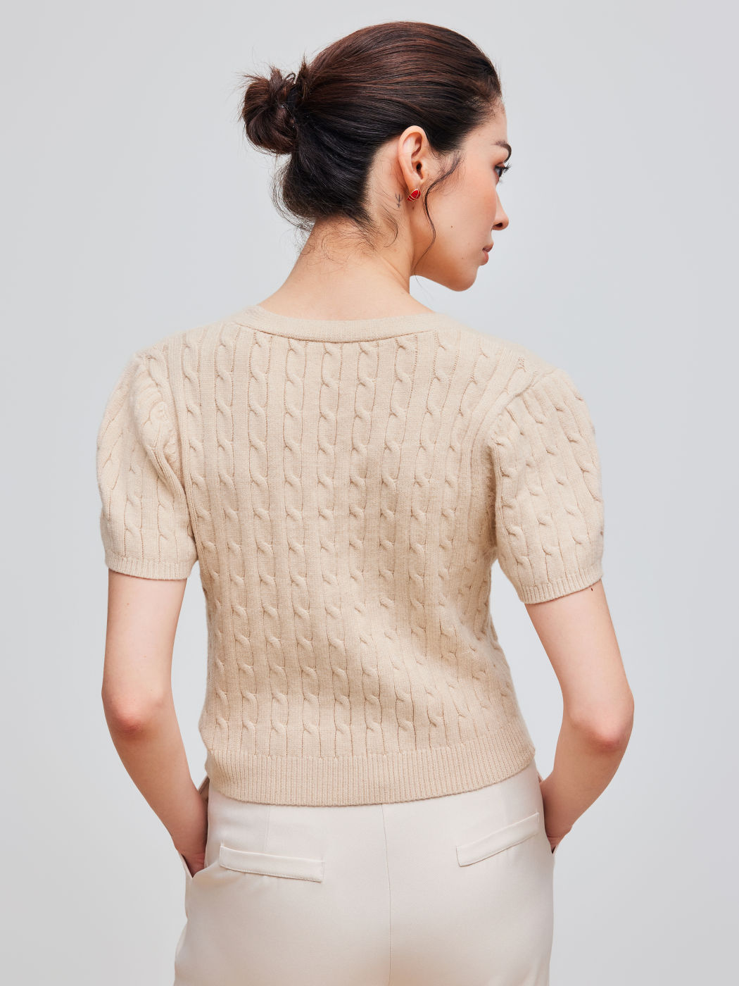 Knit V-neck Solid Texture Crop Short Sleeve Top