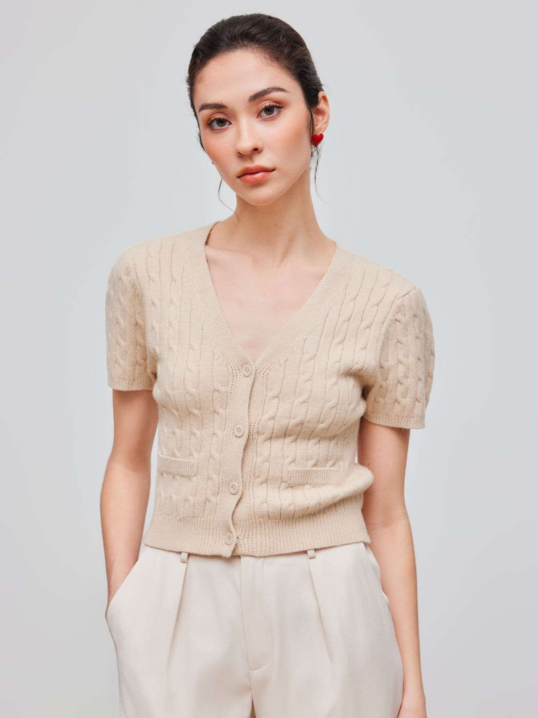 Knit V-neck Solid Texture Crop Short Sleeve Top