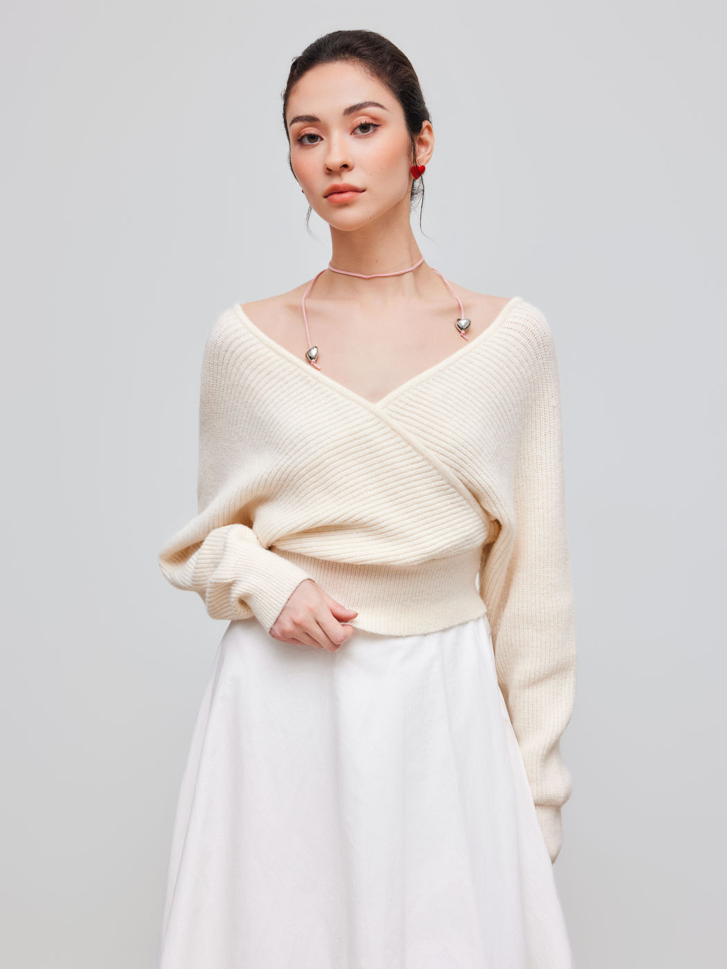 Knit V-neck Solid Wrap Crop Long Sleeve Top