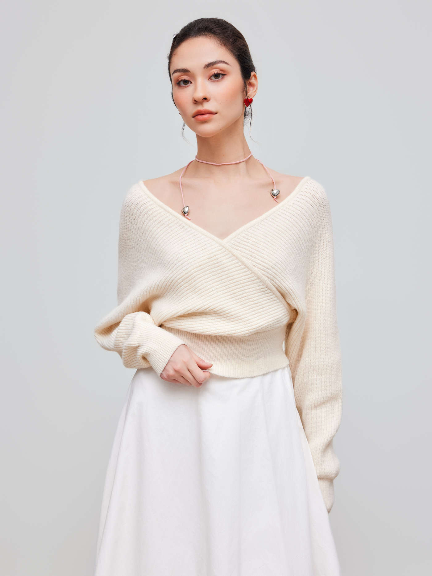 Knit V-neck Solid Wrap Crop Long Sleeve Top