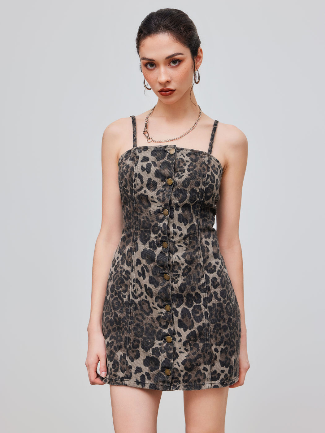Mini abito Denim Leopard Button Cami