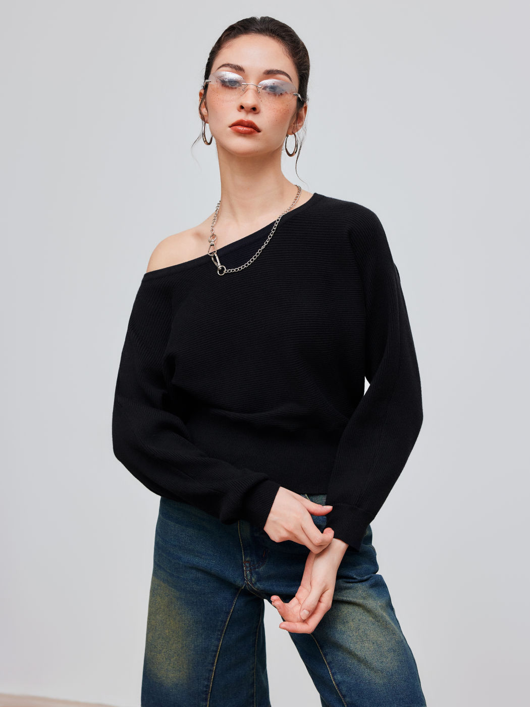 Asymmetrischer Hals Einfarbiger Crop Langärmliger Oberteil