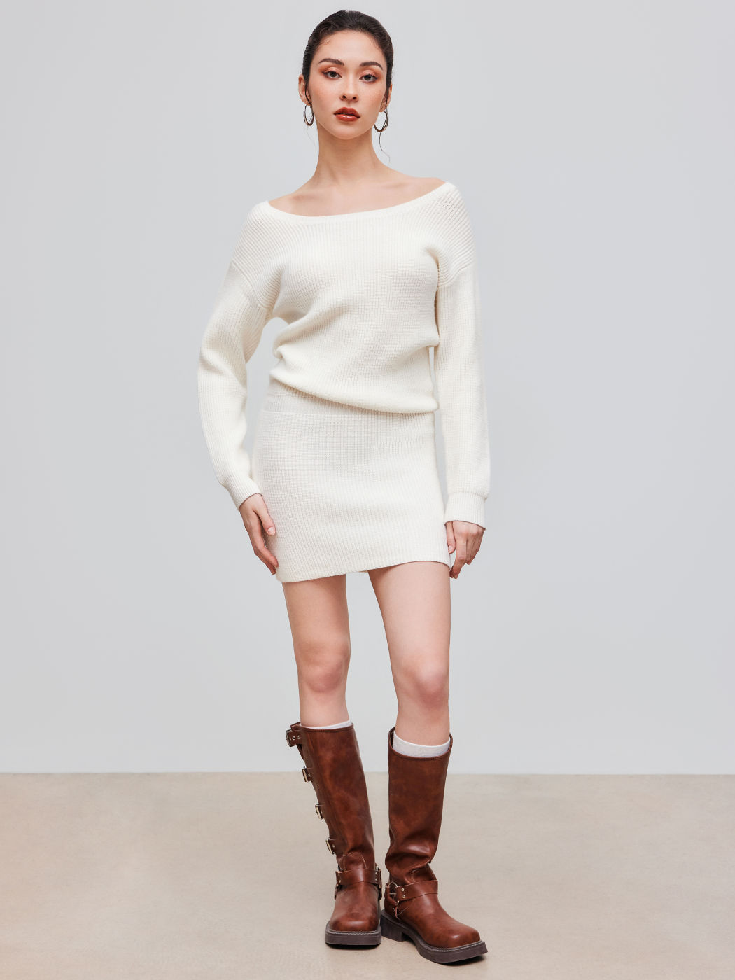 Strick Boot-Ausschnitt Solid Langarm Minikleid