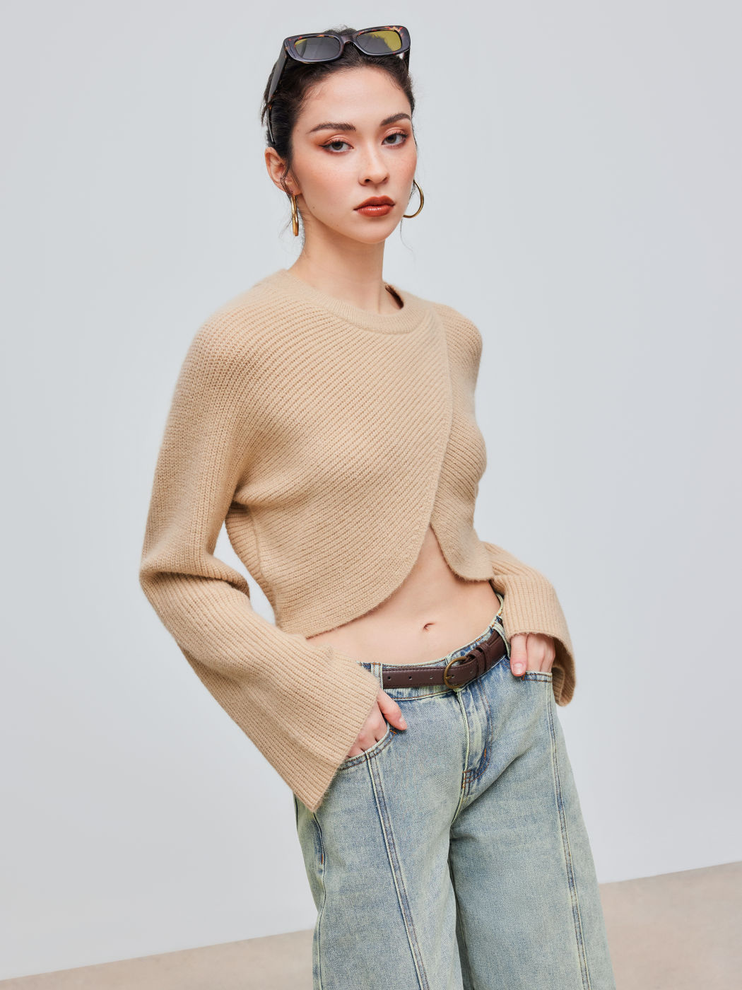 Knit Round Neckline Solid Crop Sweater