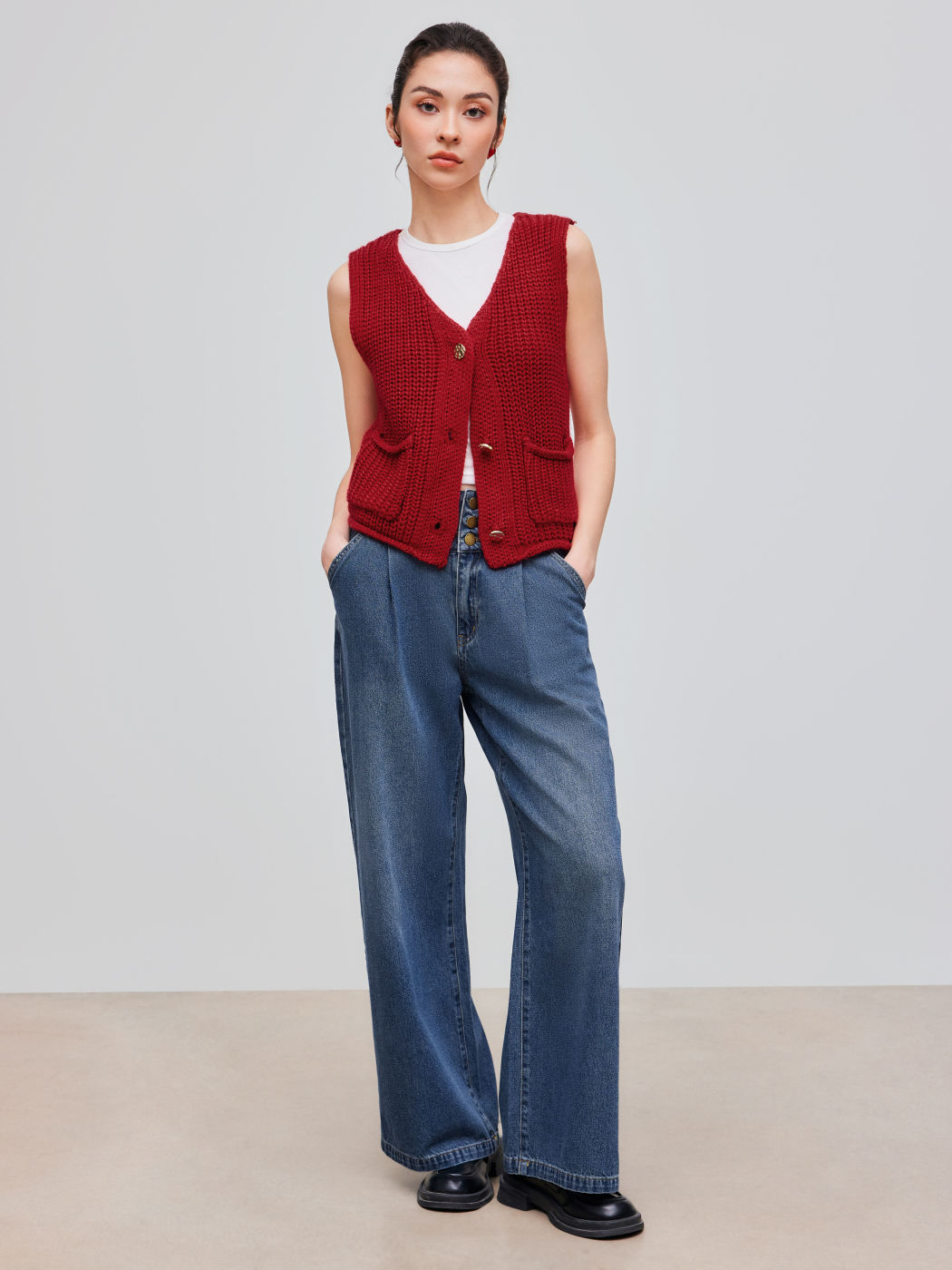 Denim Mid Rise Solid Button Pocket Wide Leg Jeans