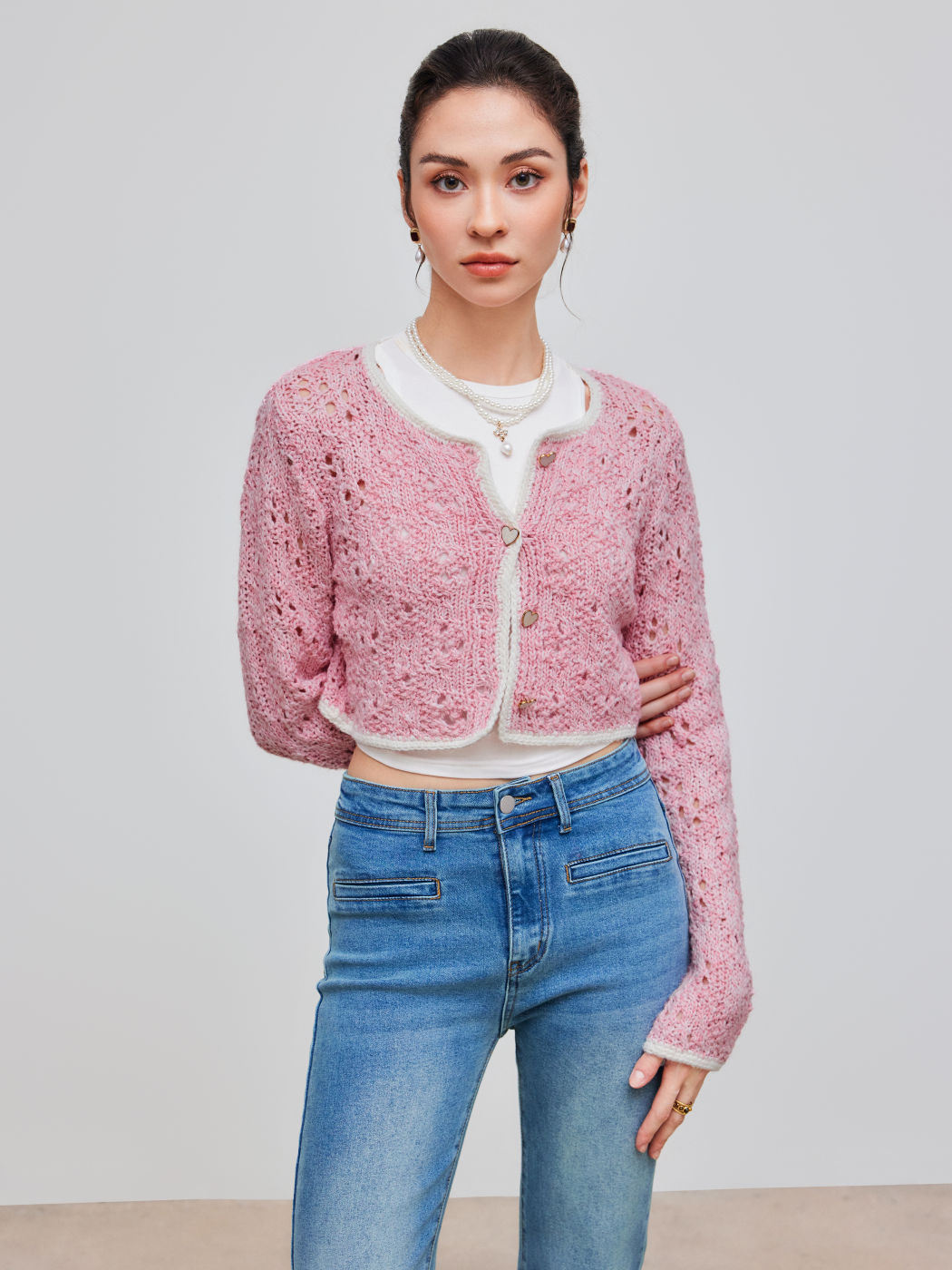 Wool-blend Round Neckline Hollow Out Heart Button Contrasting Binding Cardigan
