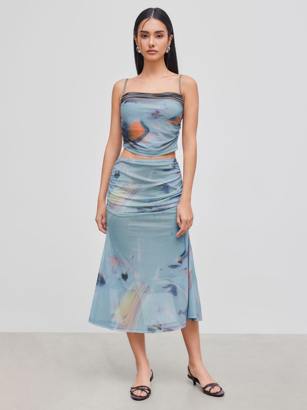 Mesh Square Neck Abstract Ruched Crop Cami Top