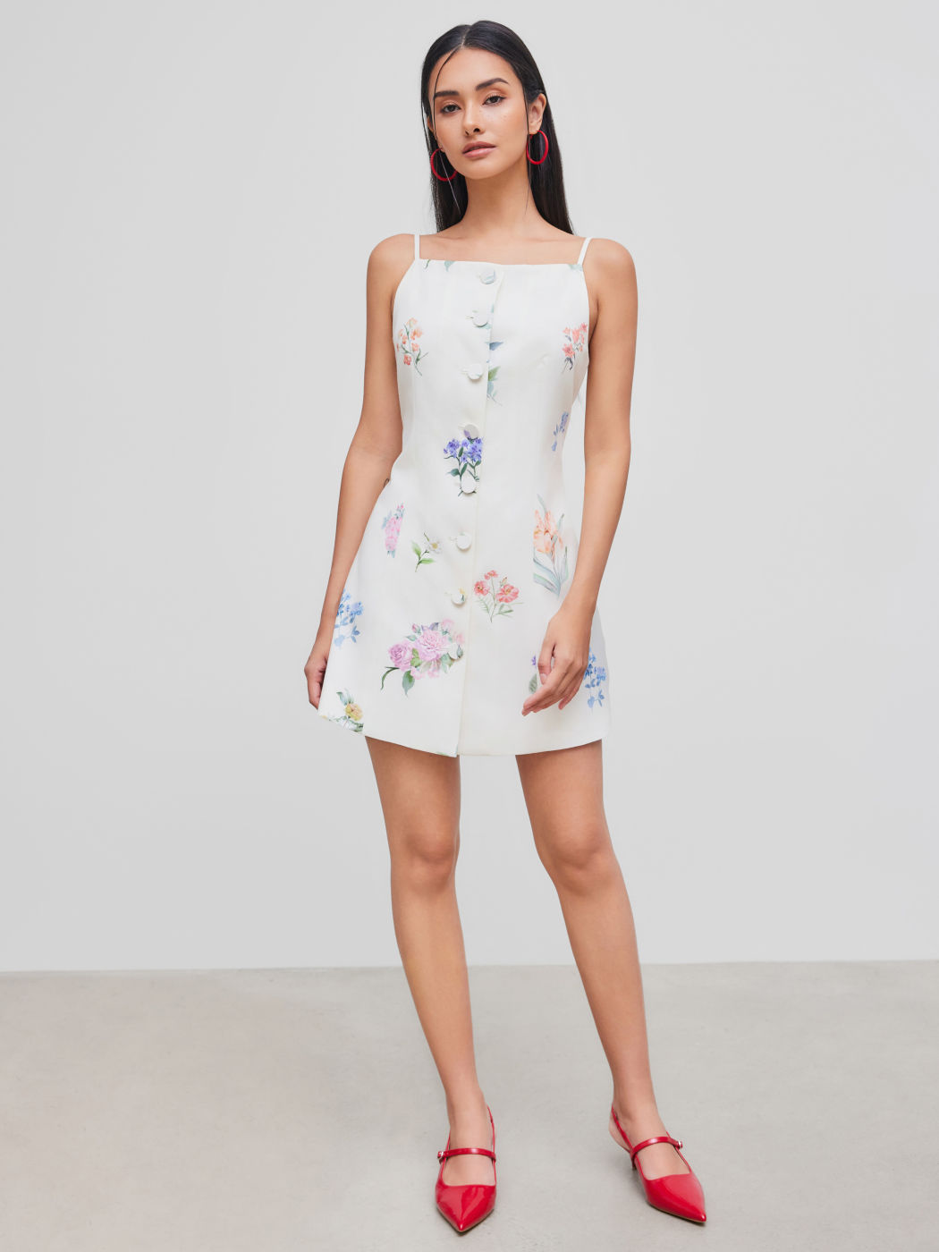 Square Neck Floral Button Mini Dress