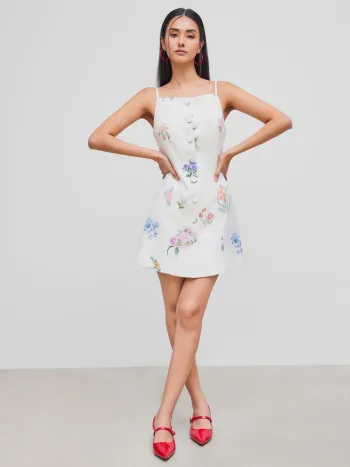 Square Neck Floral Button Mini Dress