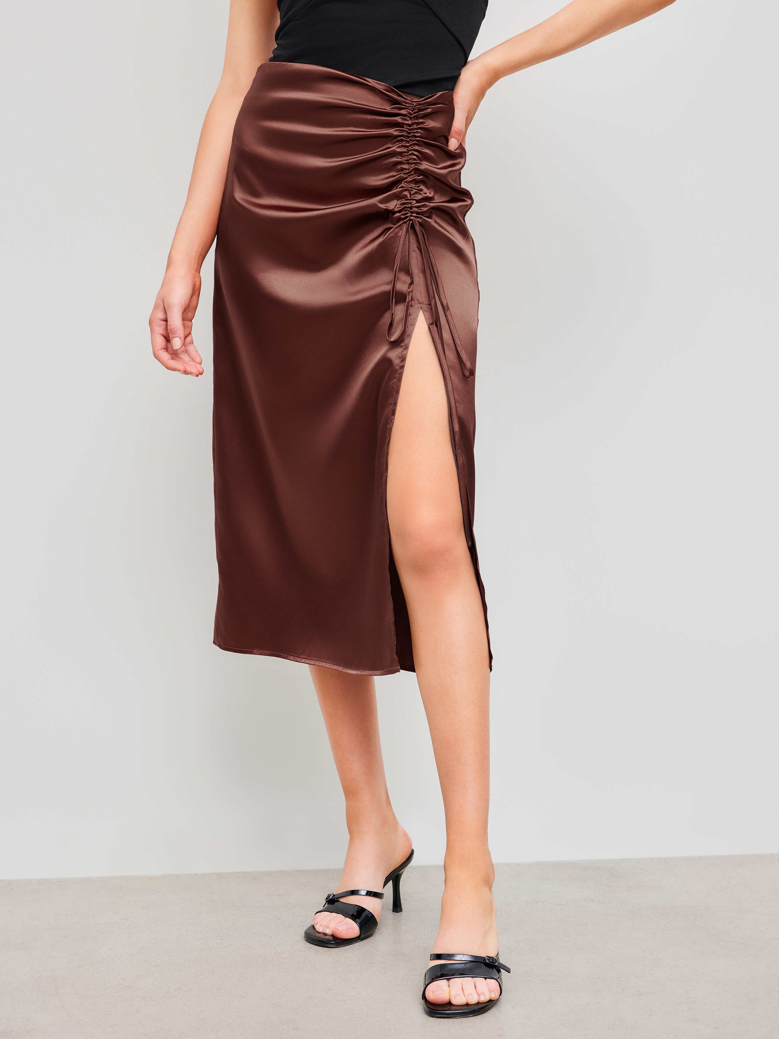 Jupes longues Tisse Satin Drawstring Split Midi Skirt For Decontracte quotidien