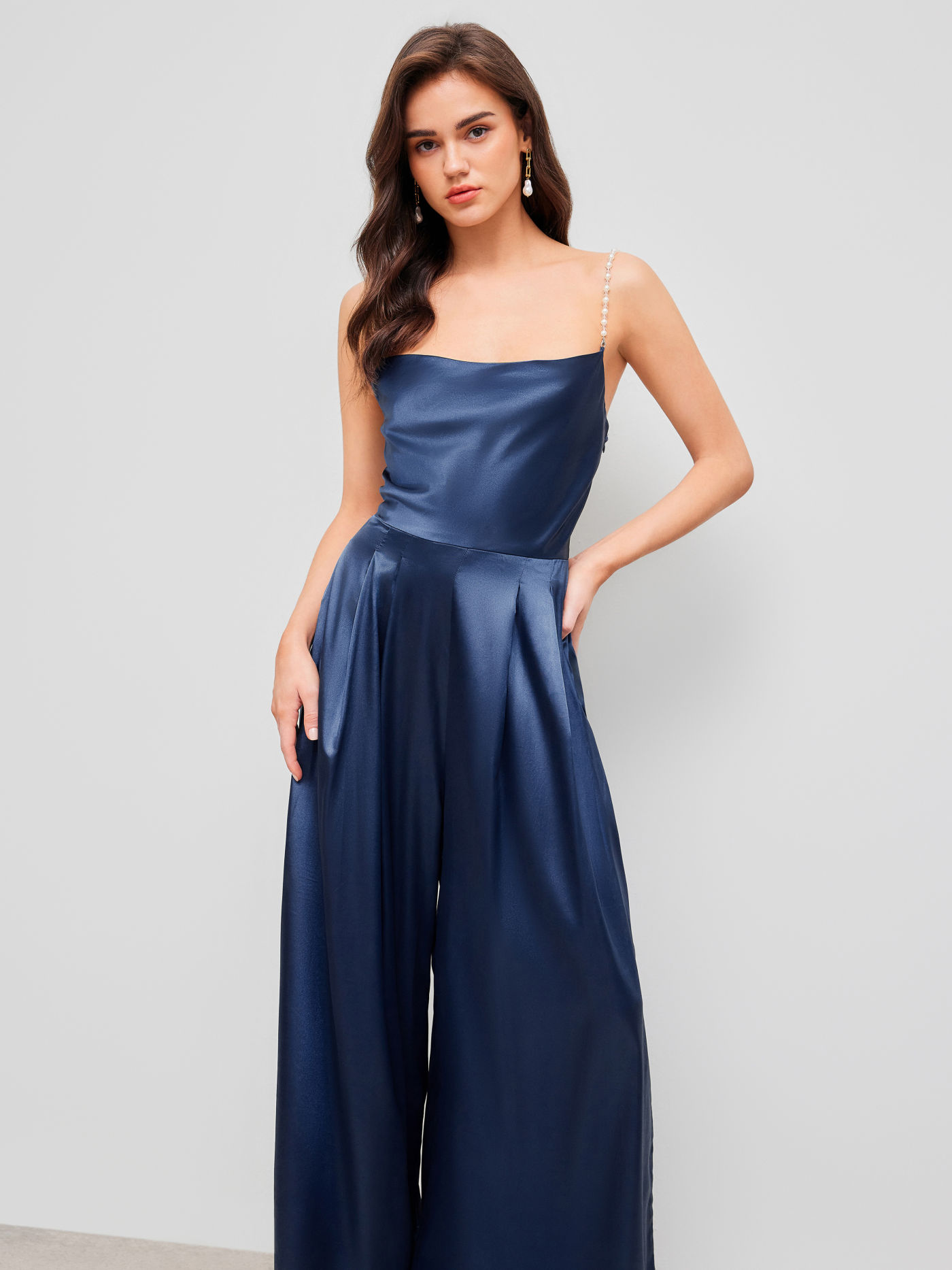 Solid Satin Pearls Cowl Neck Jumpsuit