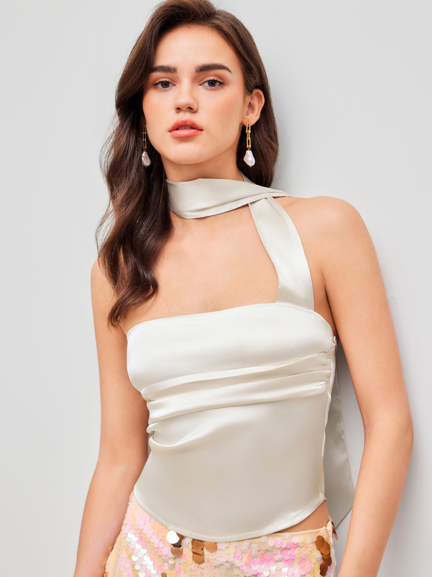 Satin Halter Ruched Crop Top