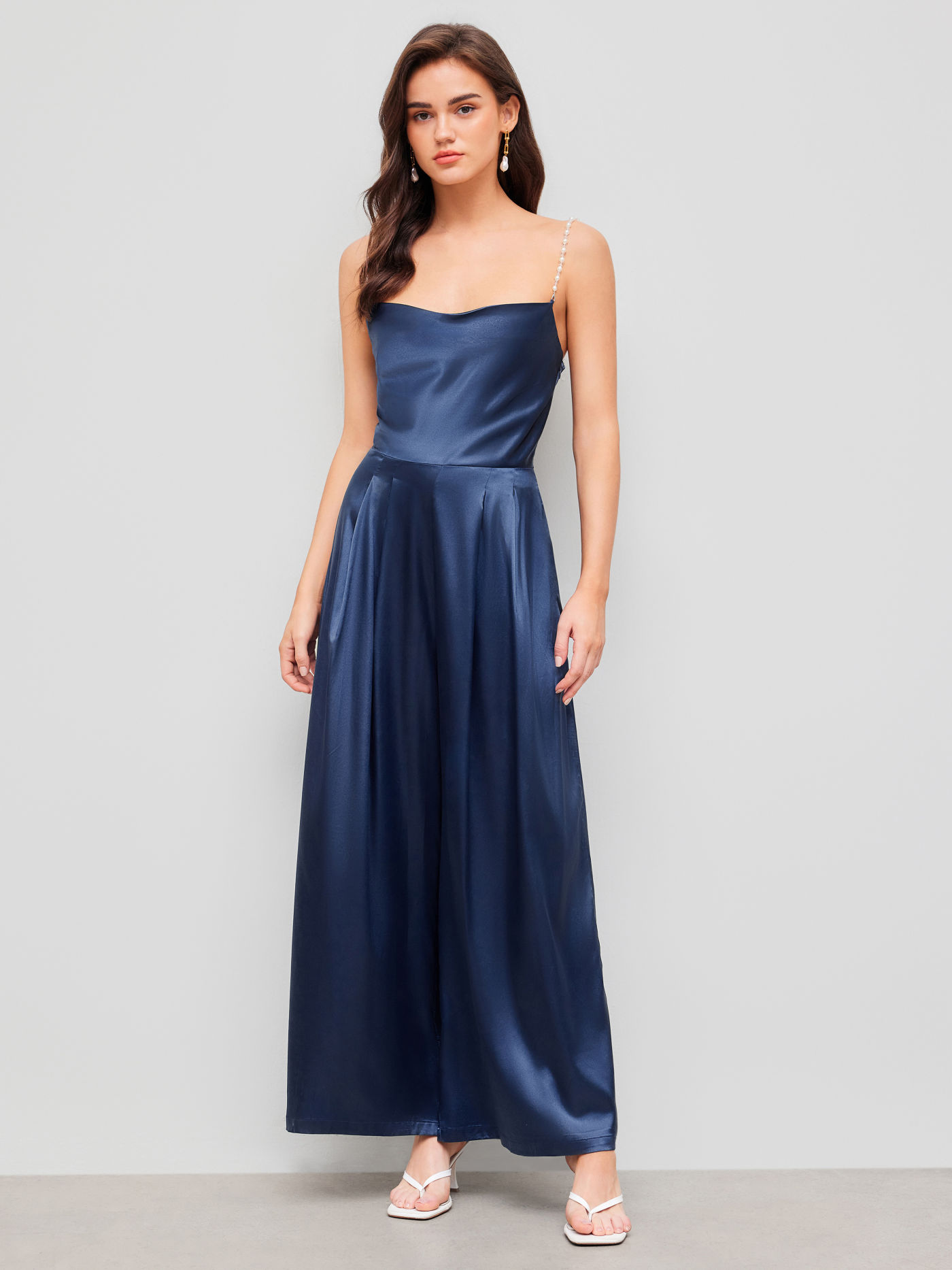 Solid Satin Pearls Cowl Neck Jumpsuit