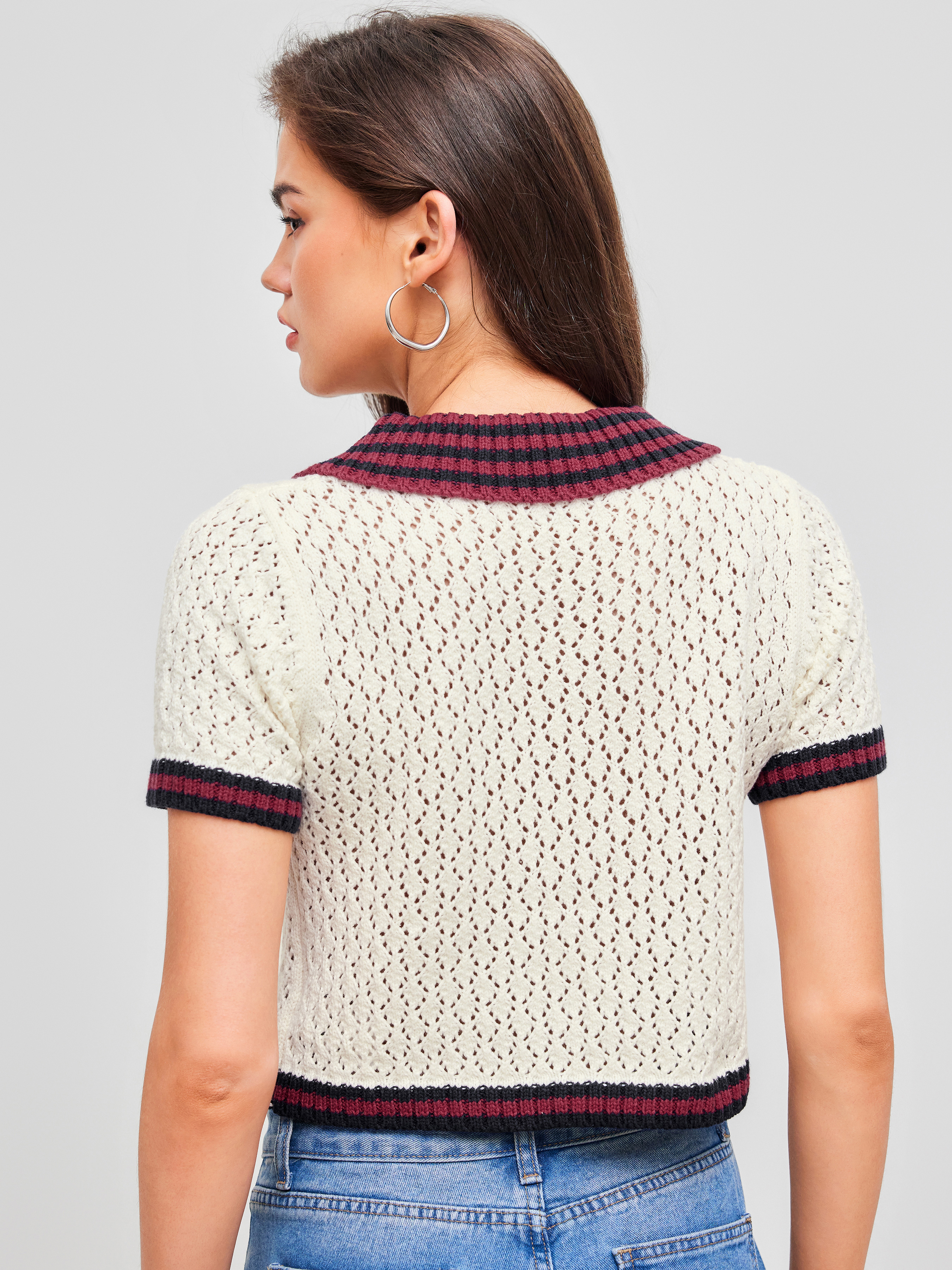 トップス SOFTHYPHEN CROCHET KNIT POLO Knit Fabric Crochet Polo Contrasting Binding Knitted Crop