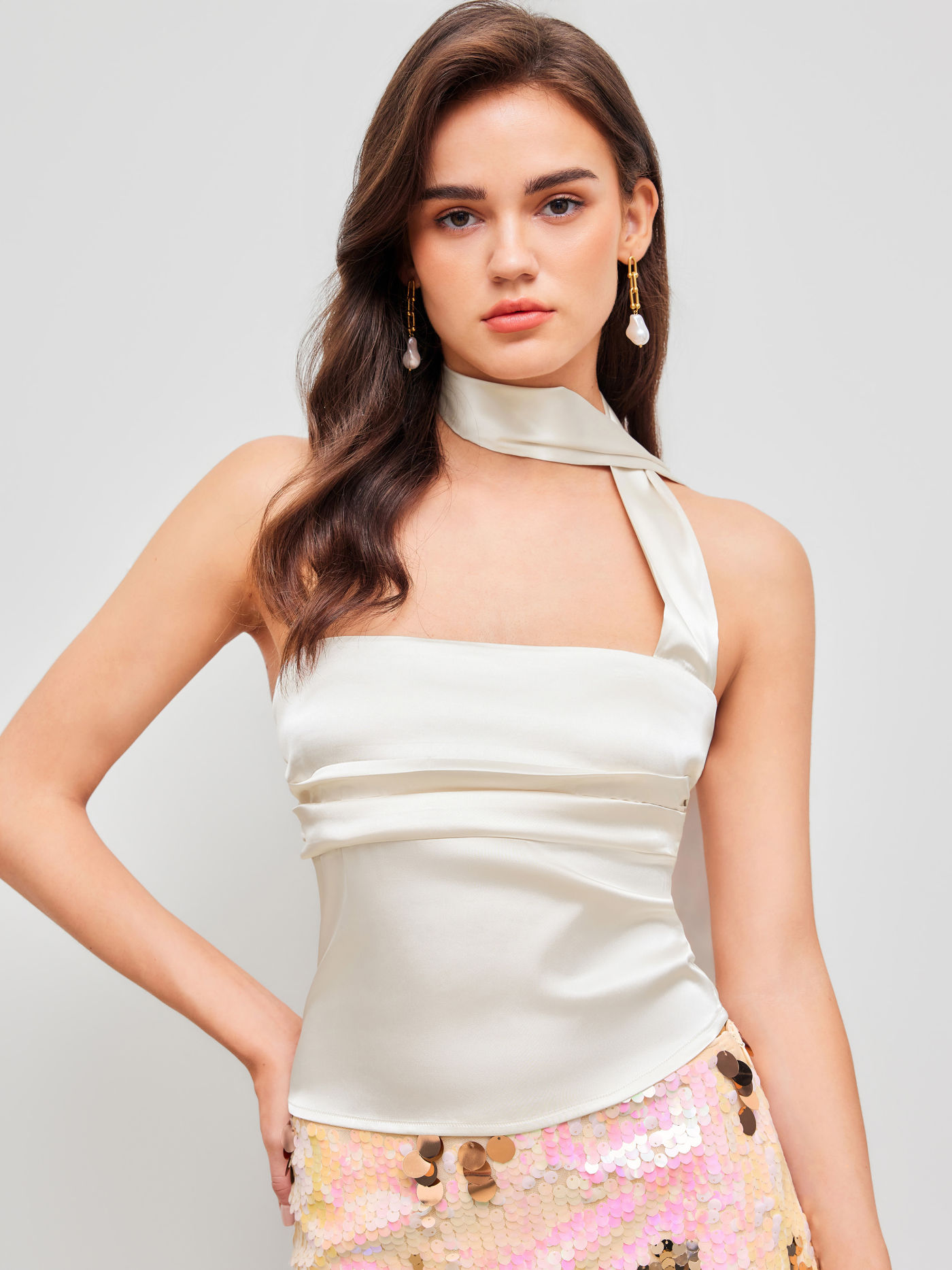Satin Halter Ruched Crop Top