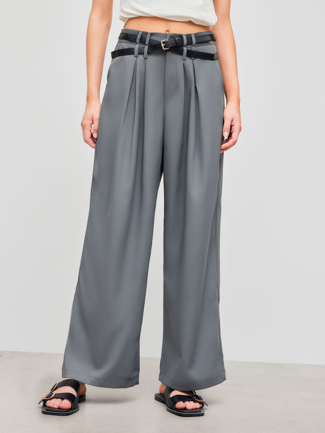Solid Belted Straight Leg Trousers