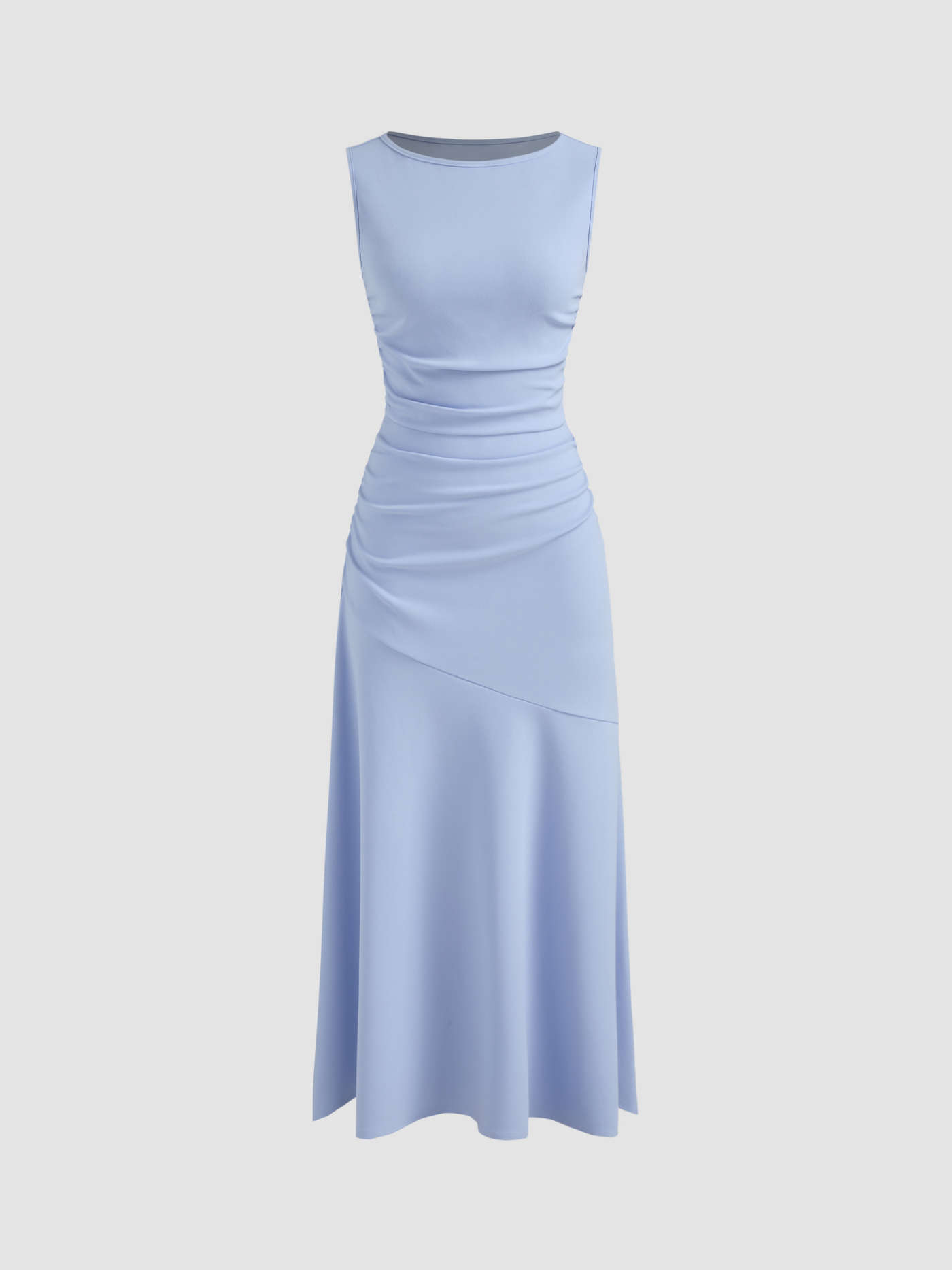 Boat Neck Solid Ruffle Ruched Maxi Dress