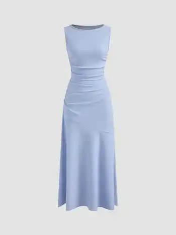 Maxikleid mit Bootshals, einfarbig, mit Rüschen und Falten