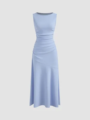 Boat Neck Solid Ruffle Ruched Maxi Dress