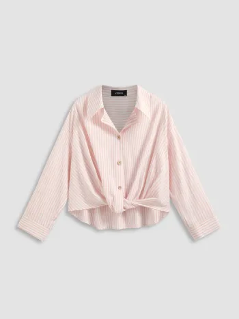 Cotton-blend Collar Striped Knotted Roll-up Long Sleeve Shirt Curve & Plus