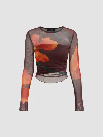 Mesh Rundhalsausschnitt Blumenoberteil mit Solid Crop Top