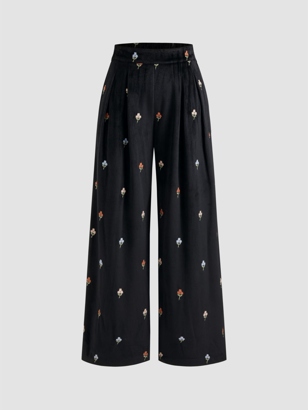Corduroy Mid Rise Floral Embroidery Pocket Wide Leg Trousers