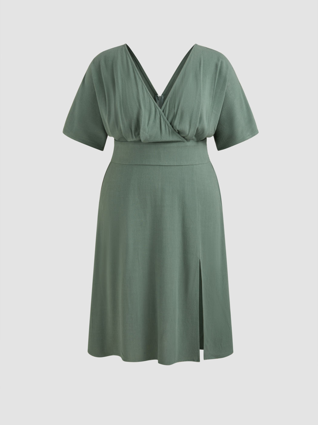 Linen-blend V-neck Solid Zipper Pocket Split Maxi Dress Curve & Plus