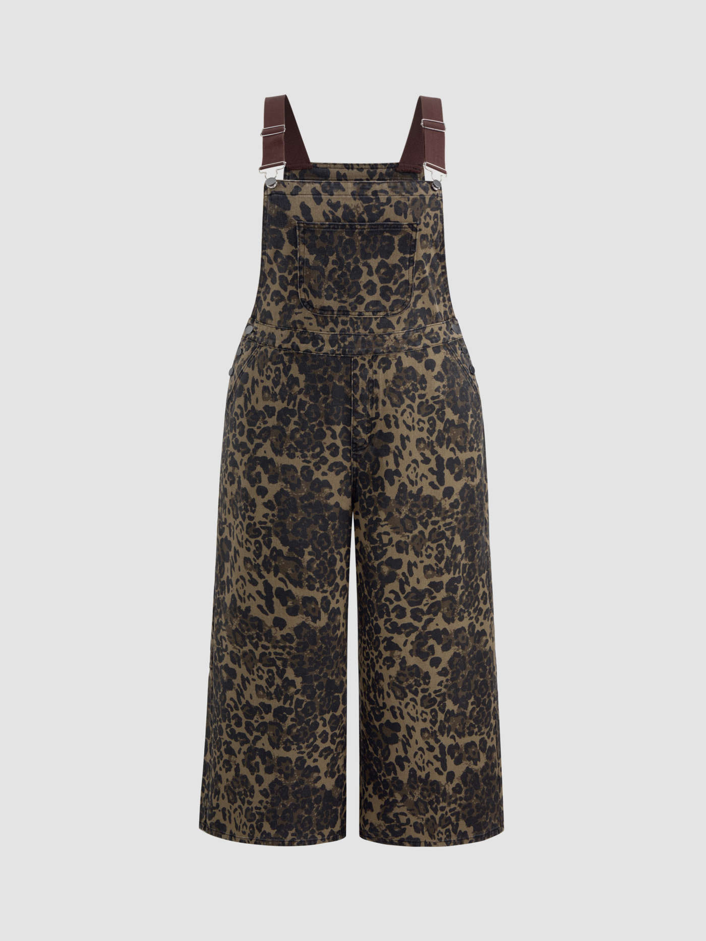 Denim Leopard Button Pocket Wide Leg Jumpsuit Curve & Plus