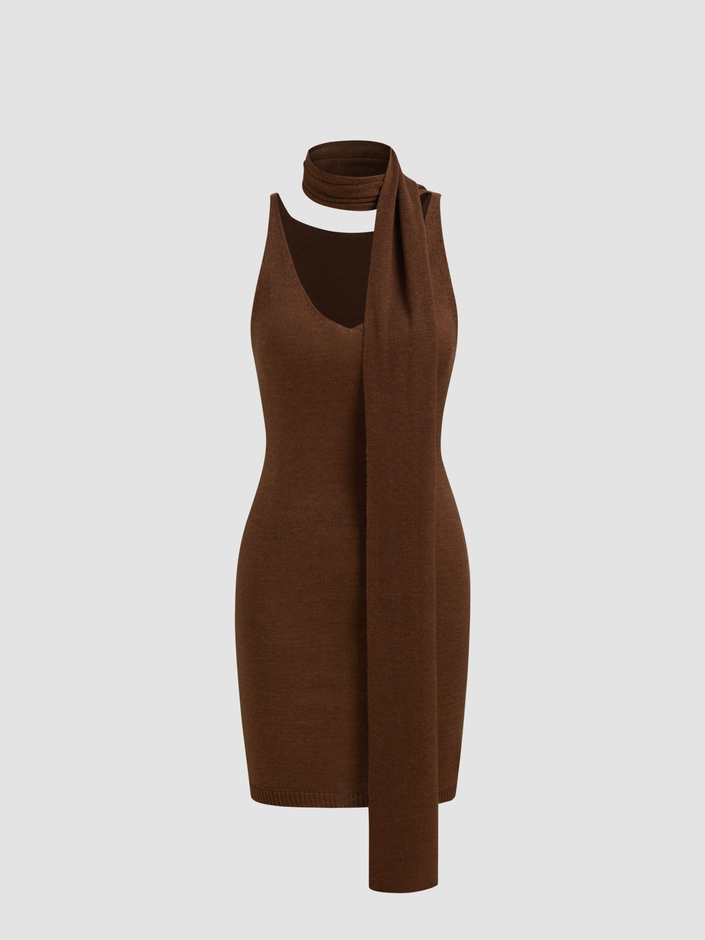 Knit V-neck Solid Cami Mini Dress With Scarf