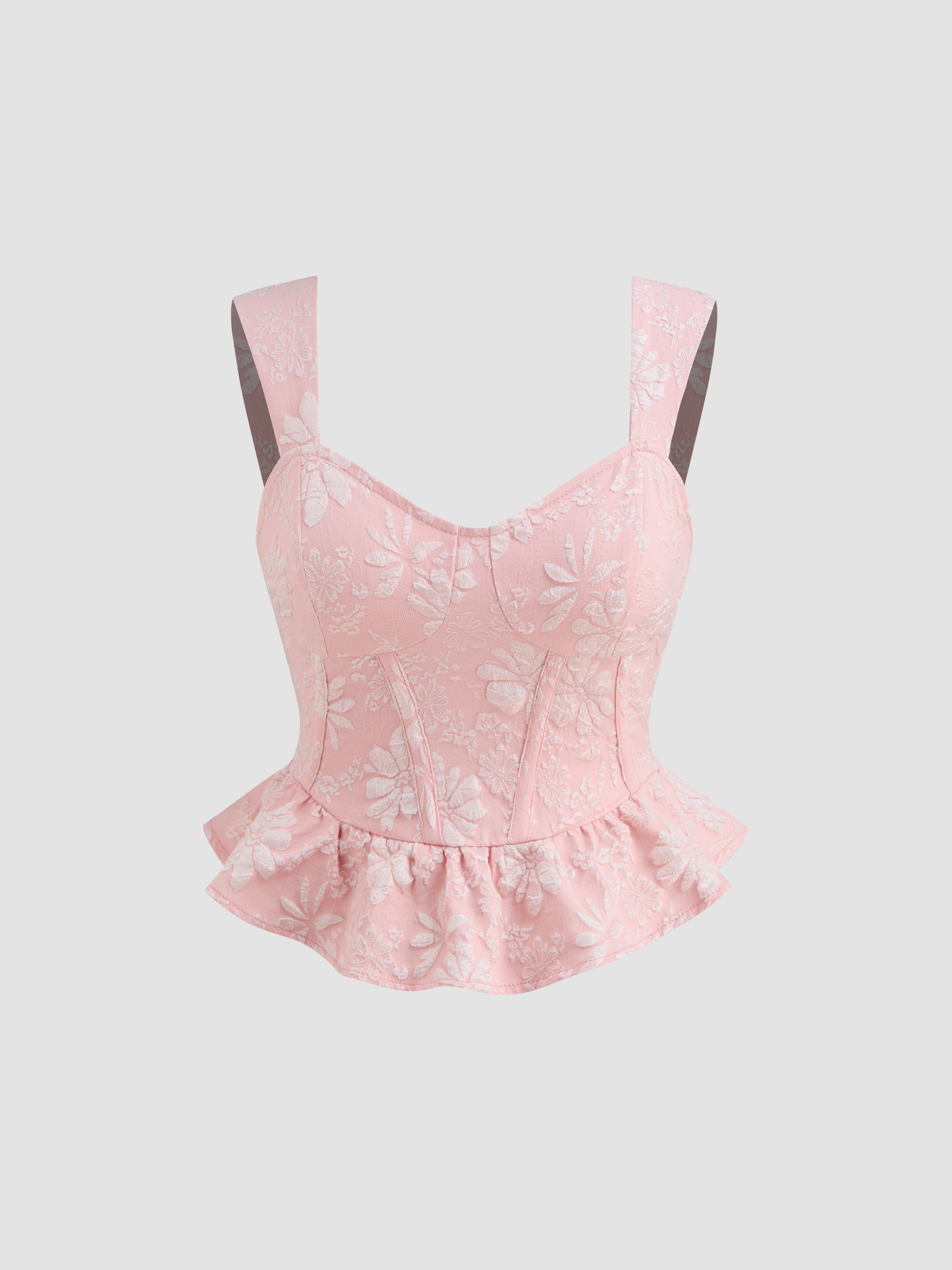 Jacquard Sweetheart Neckline Corset Shirred Ruffle Hem Crop Tank Top