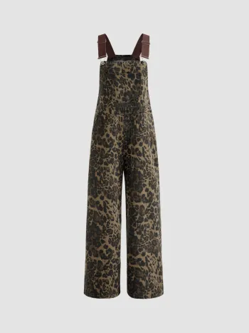Denim Leopard Pocket Buckle Up Wide Leg Oversized Jumpsuit