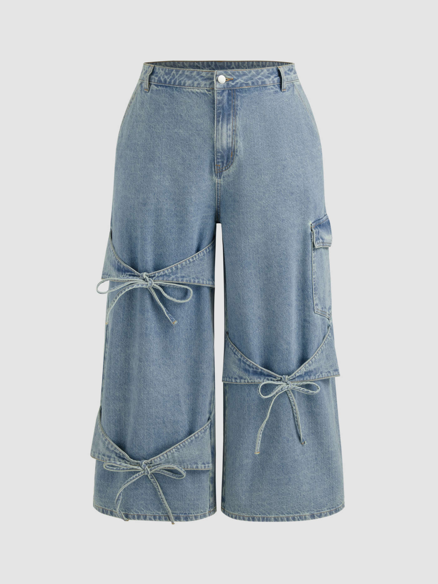 Cider Denim Mid Rise Solid Bowknot Pocket Wide Leg Jeans Curve & Plus