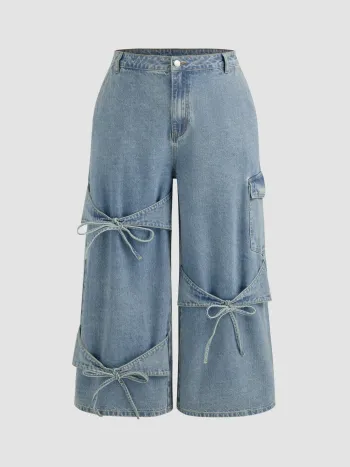 Cider Denim Mid Rise Solid Bowknot Pocket Jeans a gamba larga Curve & Plus